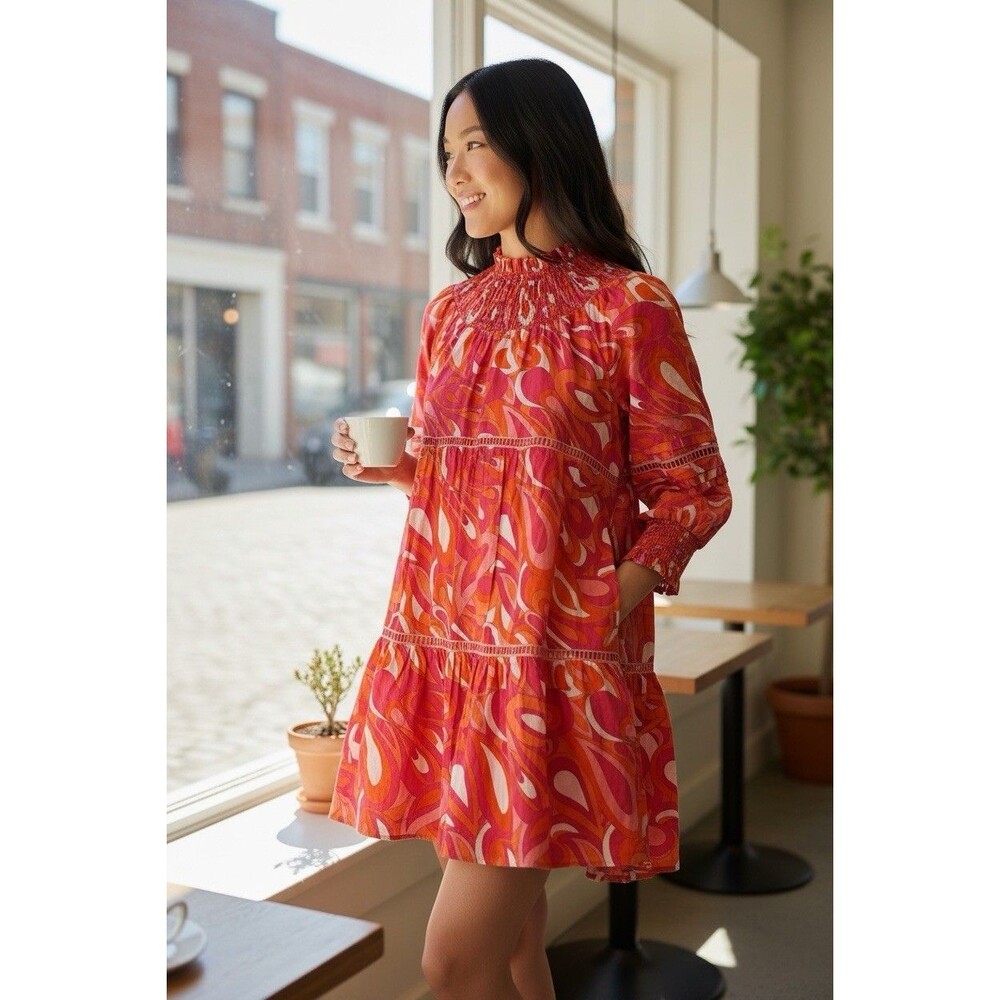 Michael Kors Cotton Lawn Mini Dress Sz S Groovy Retro Colorful Bright Swing 70s